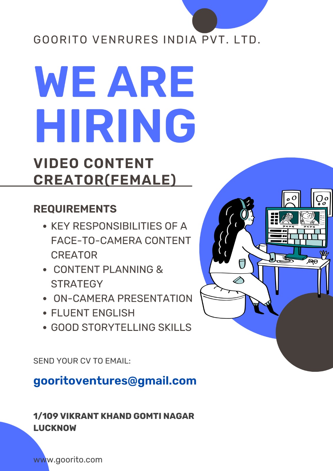 Goorito India Facebook ad: Hiring - Video Content Creator (Female)