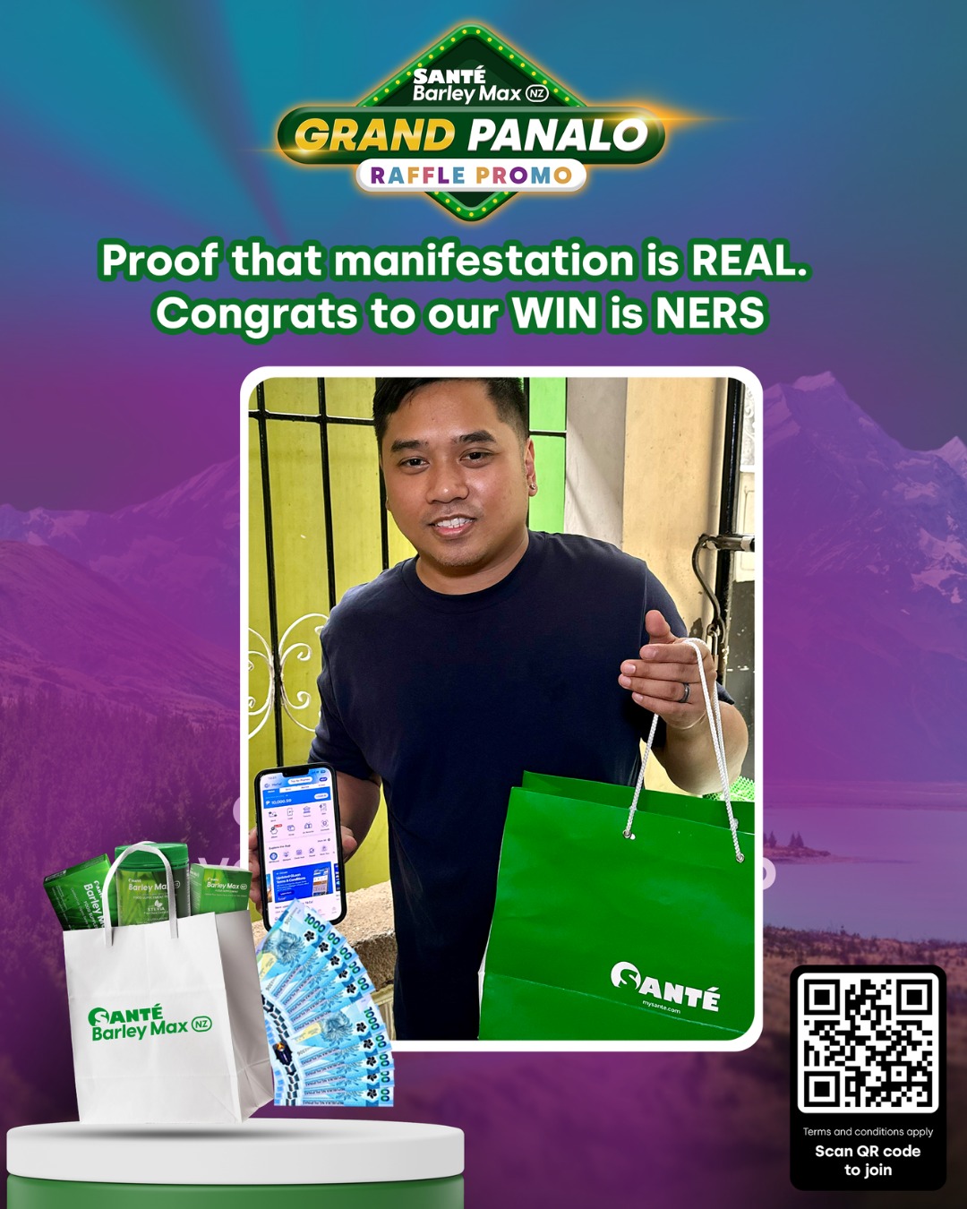 Sante Barley Max Facebook ad: Congratulations to all our Grand Panalo Raffle Promo…