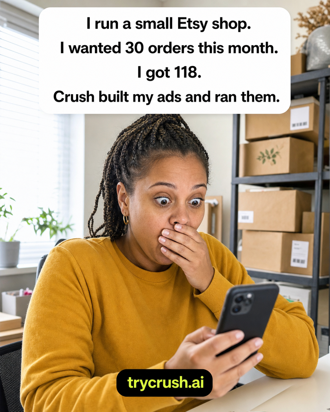 trycrush.ai Facebook ad: I wanted 30 orders. I got 118.