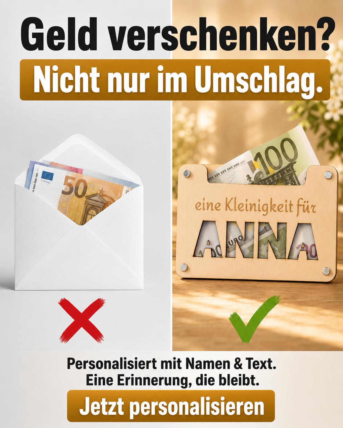 Createyourpresent Facebook ad: Personalisierte Geldgeschenkkarten aus Holz