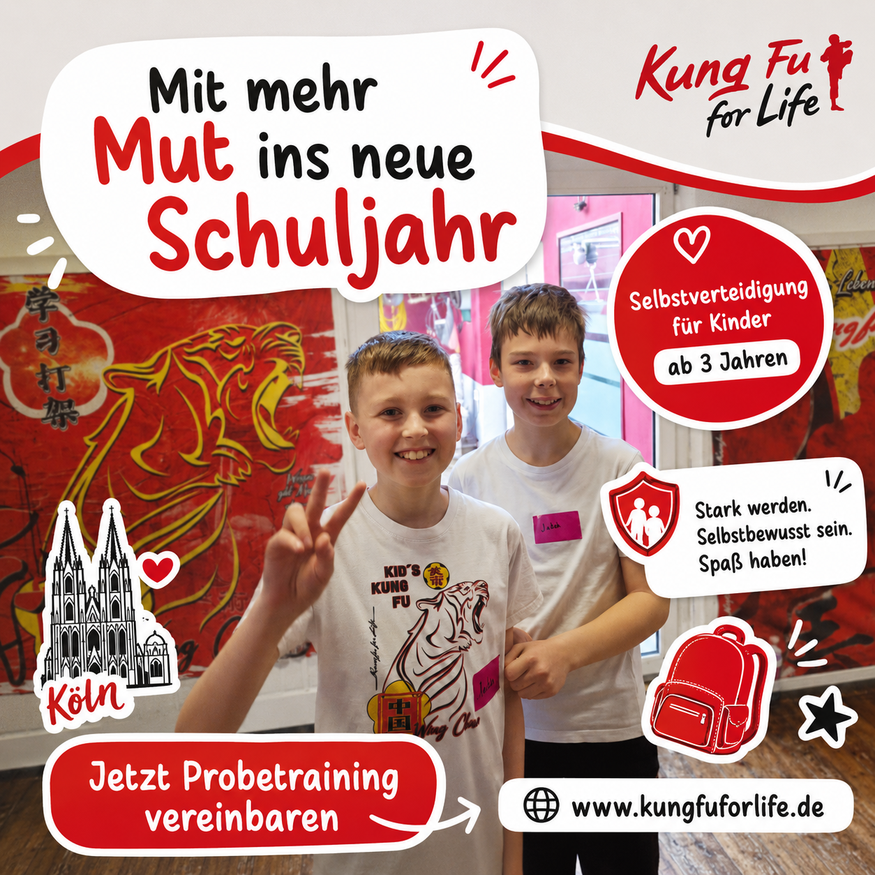 Kung Fu For Life Facebook ad: Selbstbewusst in das neue Schuljahr