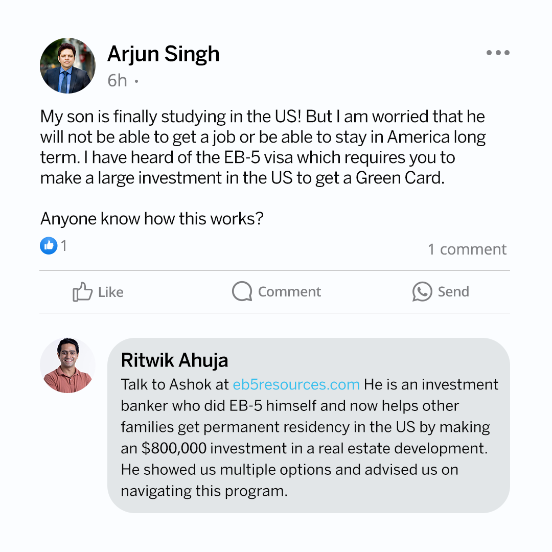 EB5 Resources US EB-5 visa investments Facebook ad: Meet me in-person or in a Zoom One-on-One meeting.