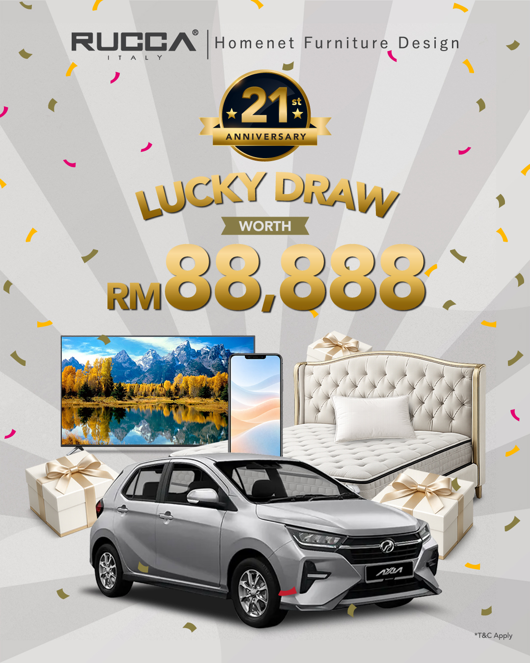 HomeNet Furniture-摆家乐傢俱 Facebook ad: RUCCA Homenet 21周年庆正式开跑！总值 RM88,888 幸运抽奖，等你来赢取