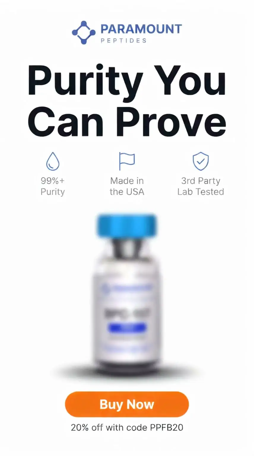 Paramount Peptides Sale Facebook ad: Get 20% Off Your First Order.