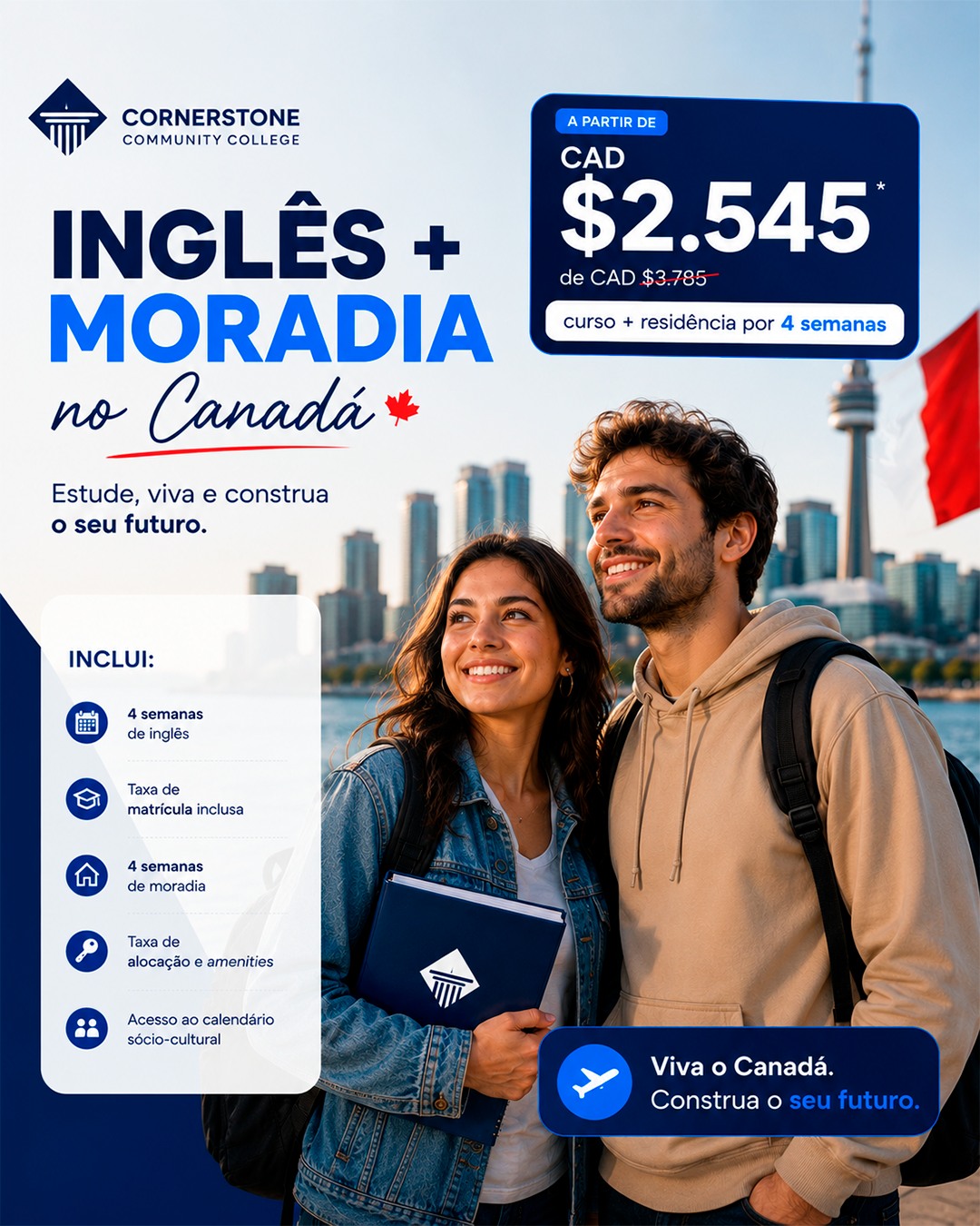 Cornerstone College Brazil Facebook ad: Inglês e moradia no Canadá.