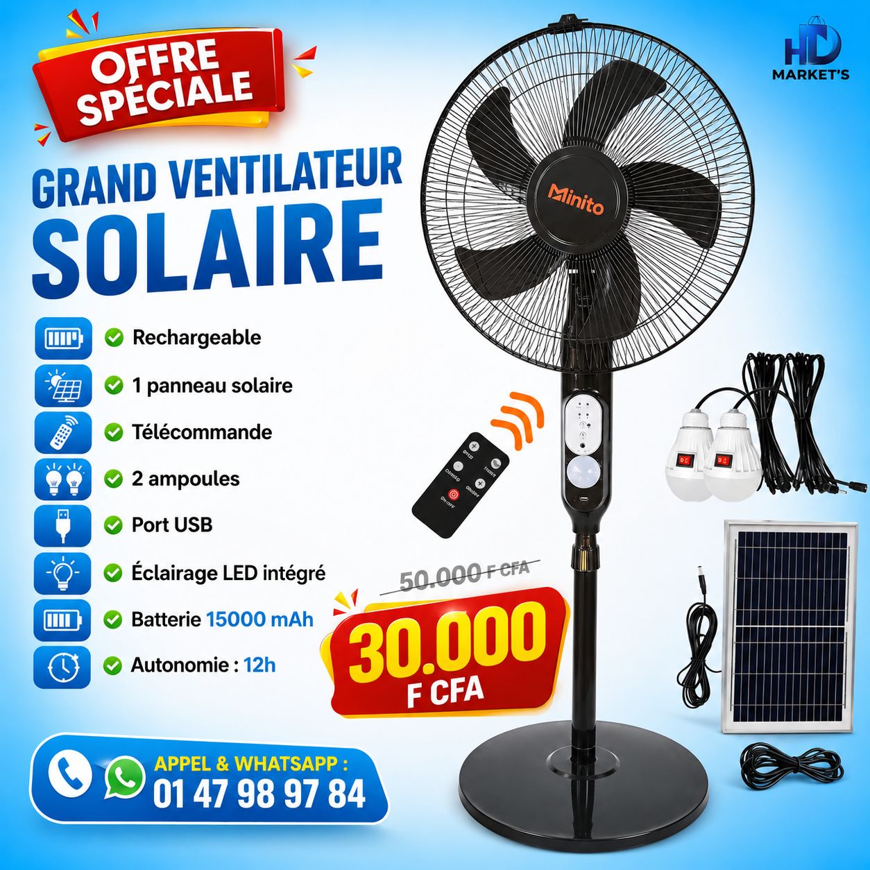 HD Market's 2.0 Facebook ad: OFFRE SPÉCIALE, GRAND VENTILATEUR SOLAIRE RECHARGEABLE