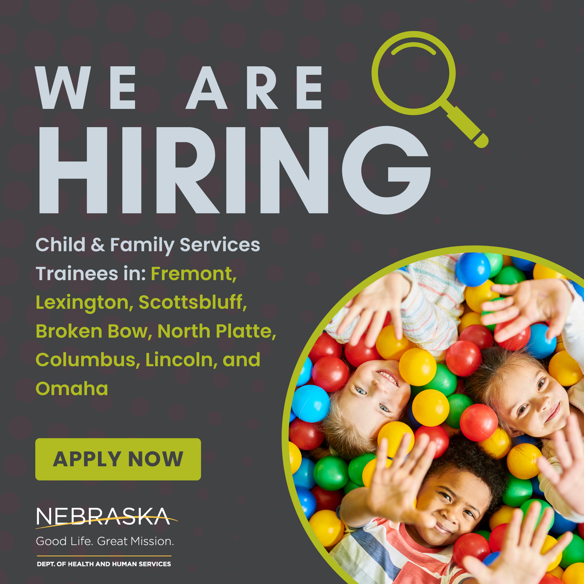 Nebraska Department of Health and Human Services Facebook ad: Apply today and help Nebraskans live better lives