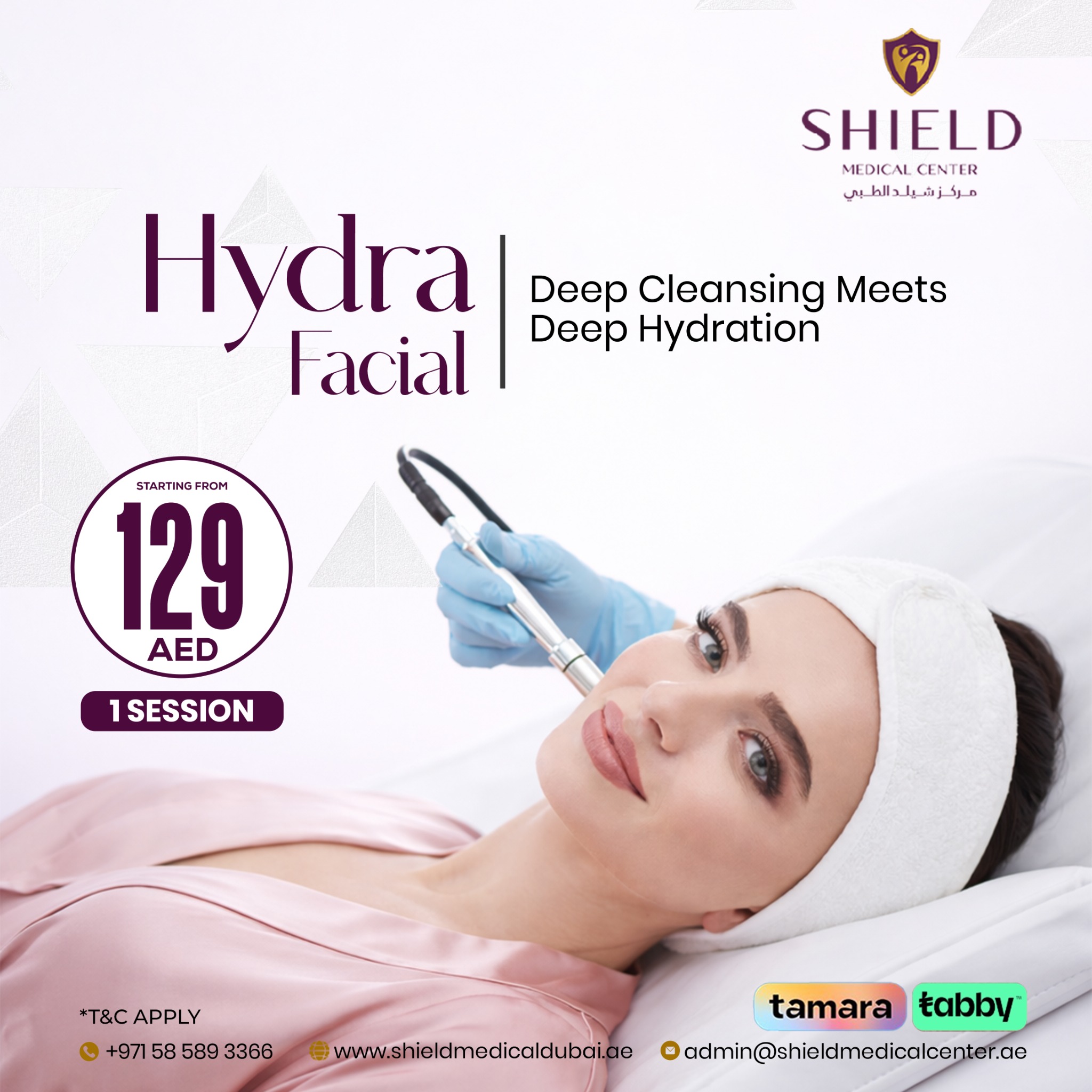 Shield Medical Center Silicon Oasis Branch Facebook ad: Get Your Glow, Book Now for AED 129!