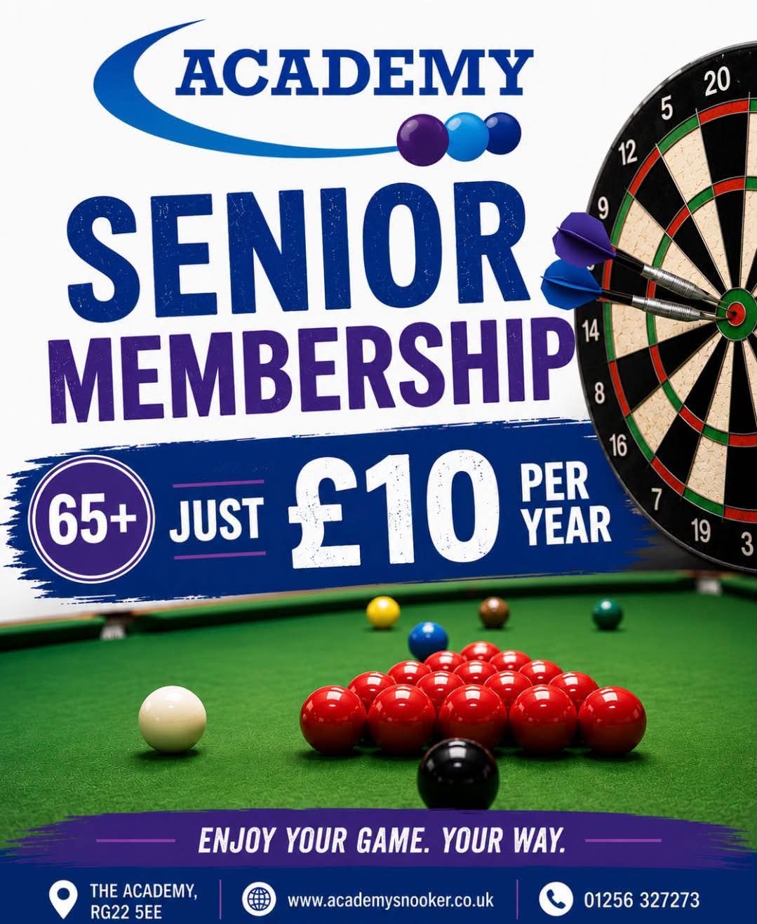 The Academy Social and Sports Club Facebook ad: SENIOR MEMBERSHIP (65+), ONLY £10 PER YEAR!