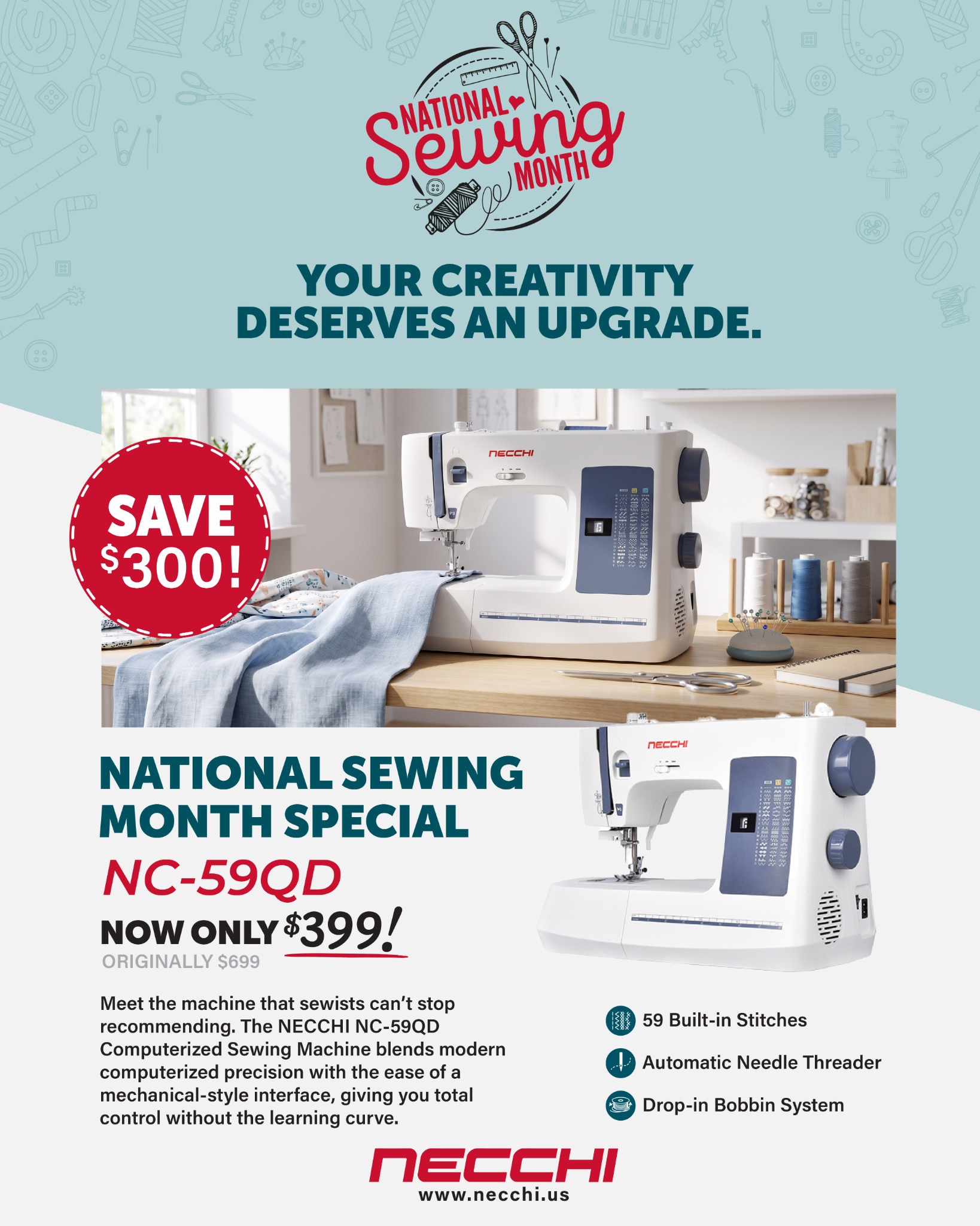 Necchi USA Facebook ad: How To Upgrade Your Sewing Setup