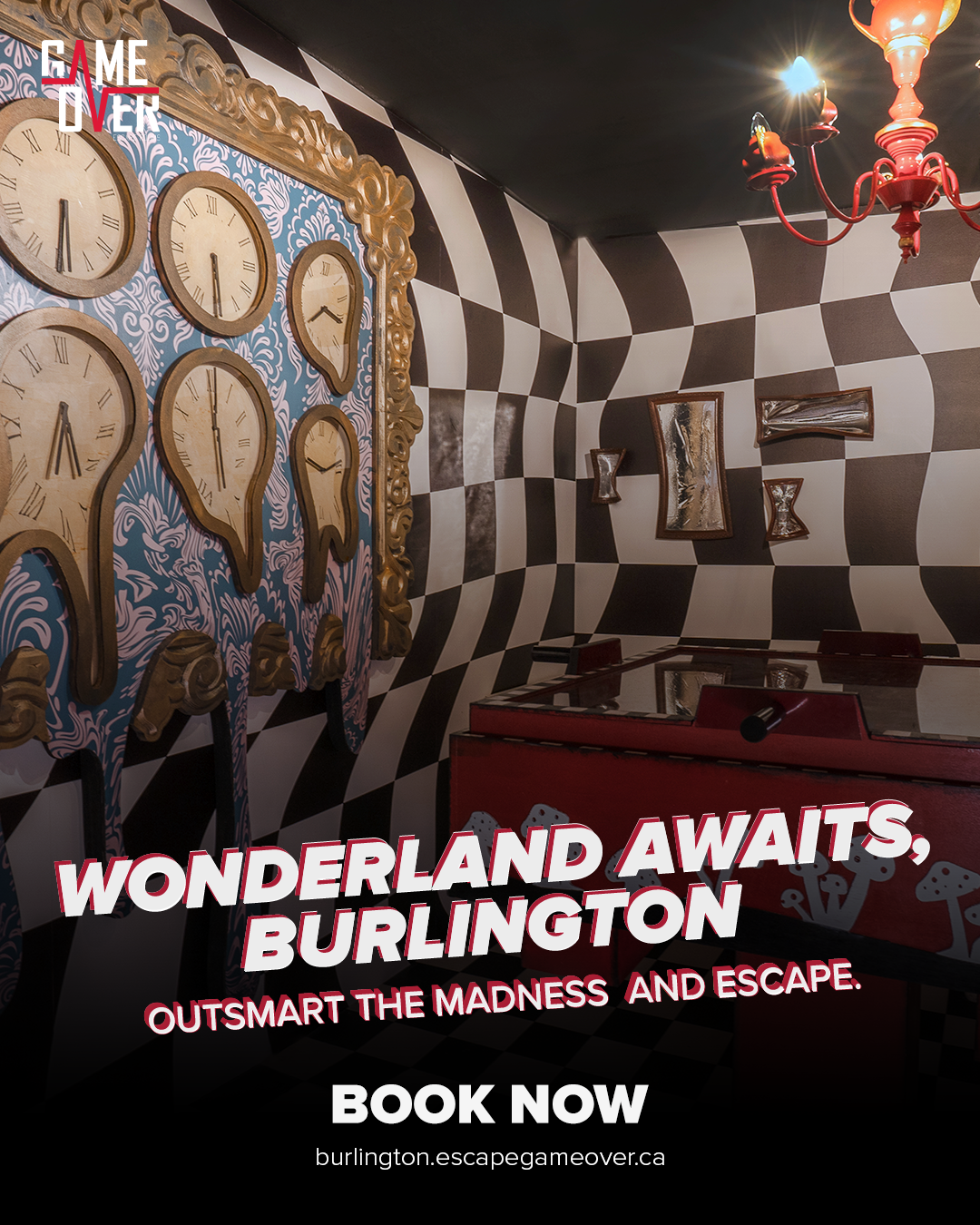 GAME OVER Escape Rooms - Burlington Facebook ad: Fall Down the Rabbit Hole