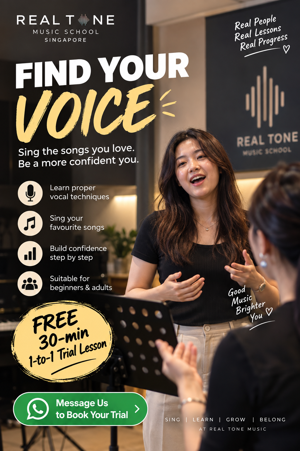Real Tone Music School - Singapore 纯音流行音乐学校 Facebook ad: Not Born to Sing? Start Here