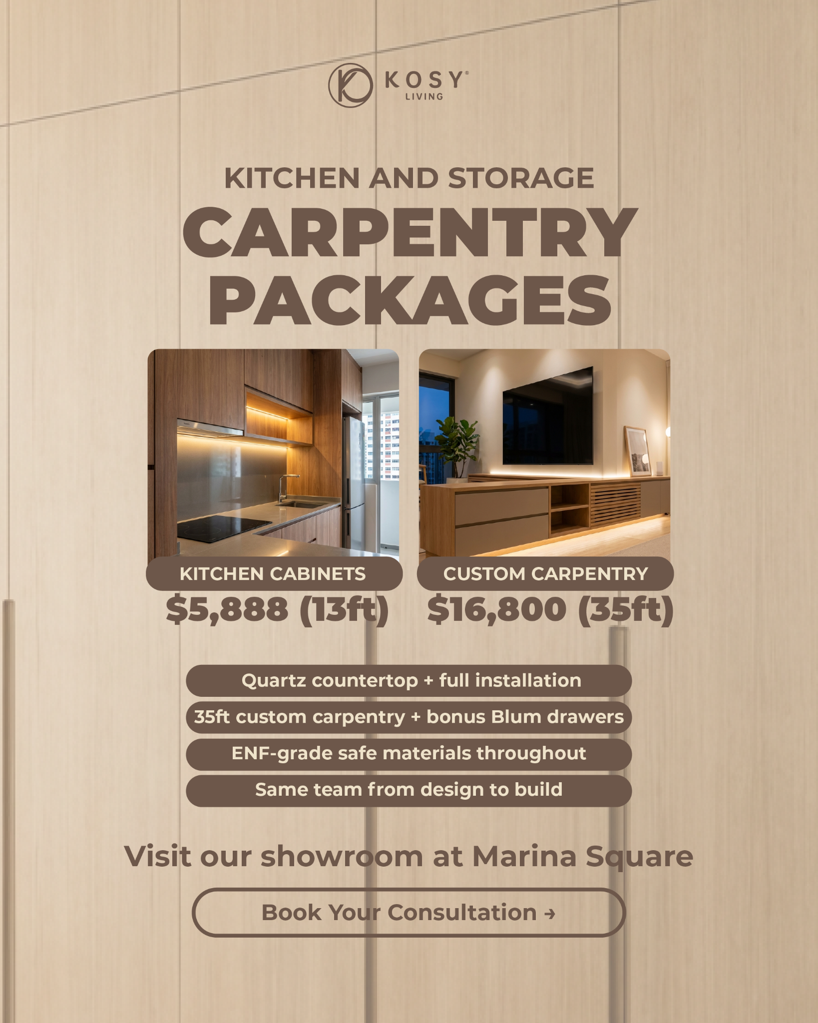 Kosy Living Singapore Facebook ad: Kitchen & Carpentry Package