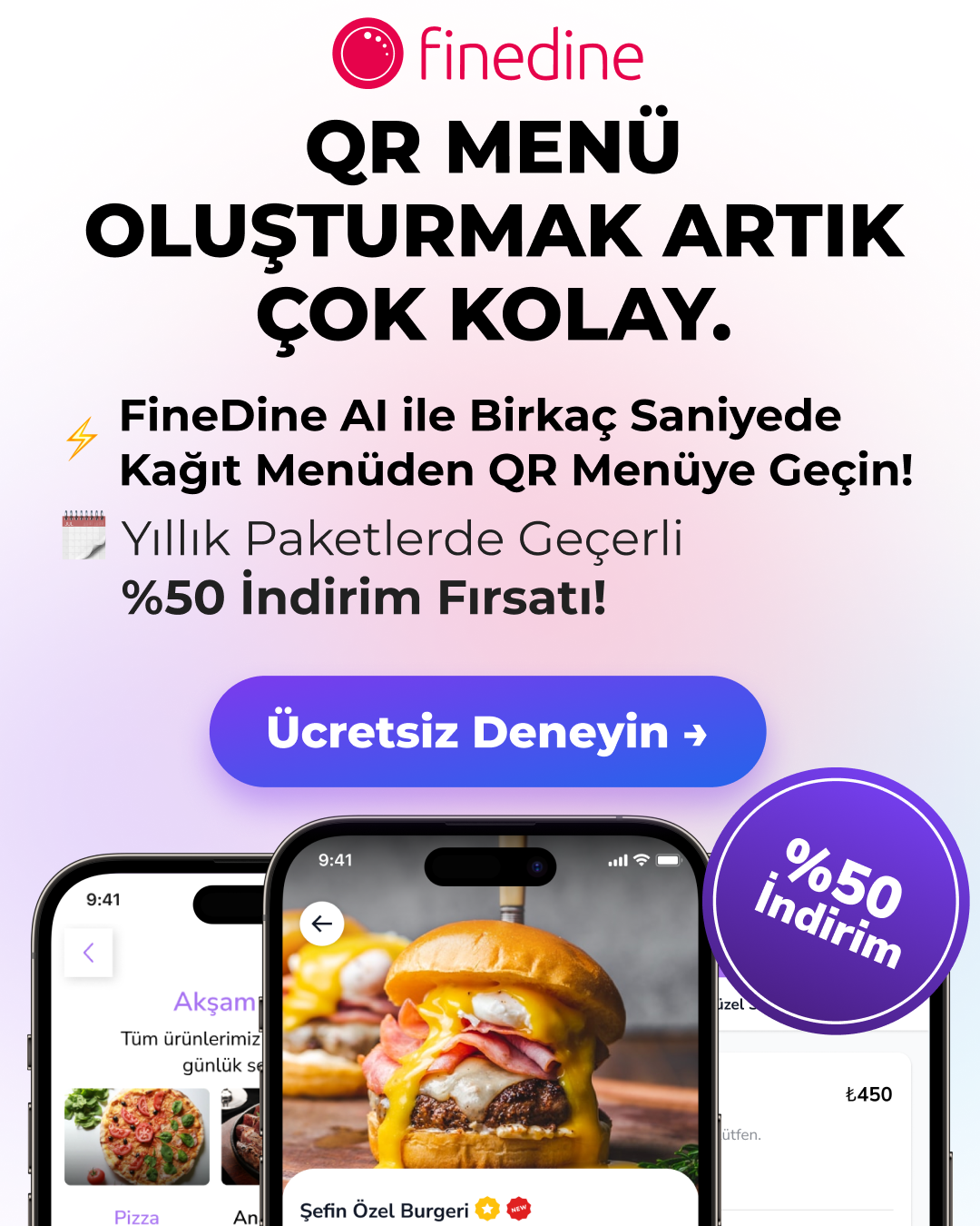 Finedine Menu for Restaurants Facebook ad: FineDine AI ile QR Menünüzü Saniyeler İçinde Oluşturun!