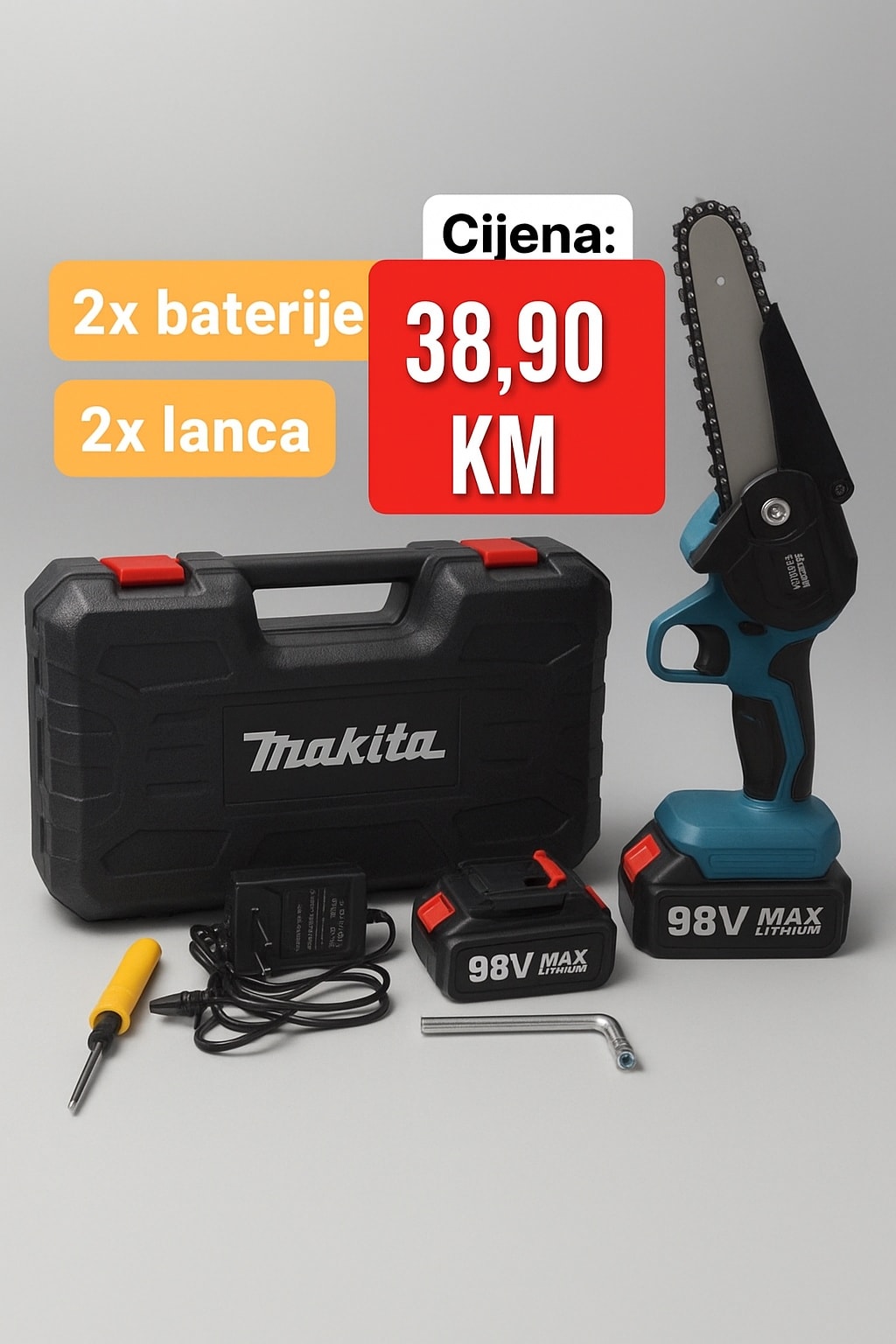 Online Prodaja Facebook ad: AKCIJA AKU MOTORNA PILA 98 V + 2…