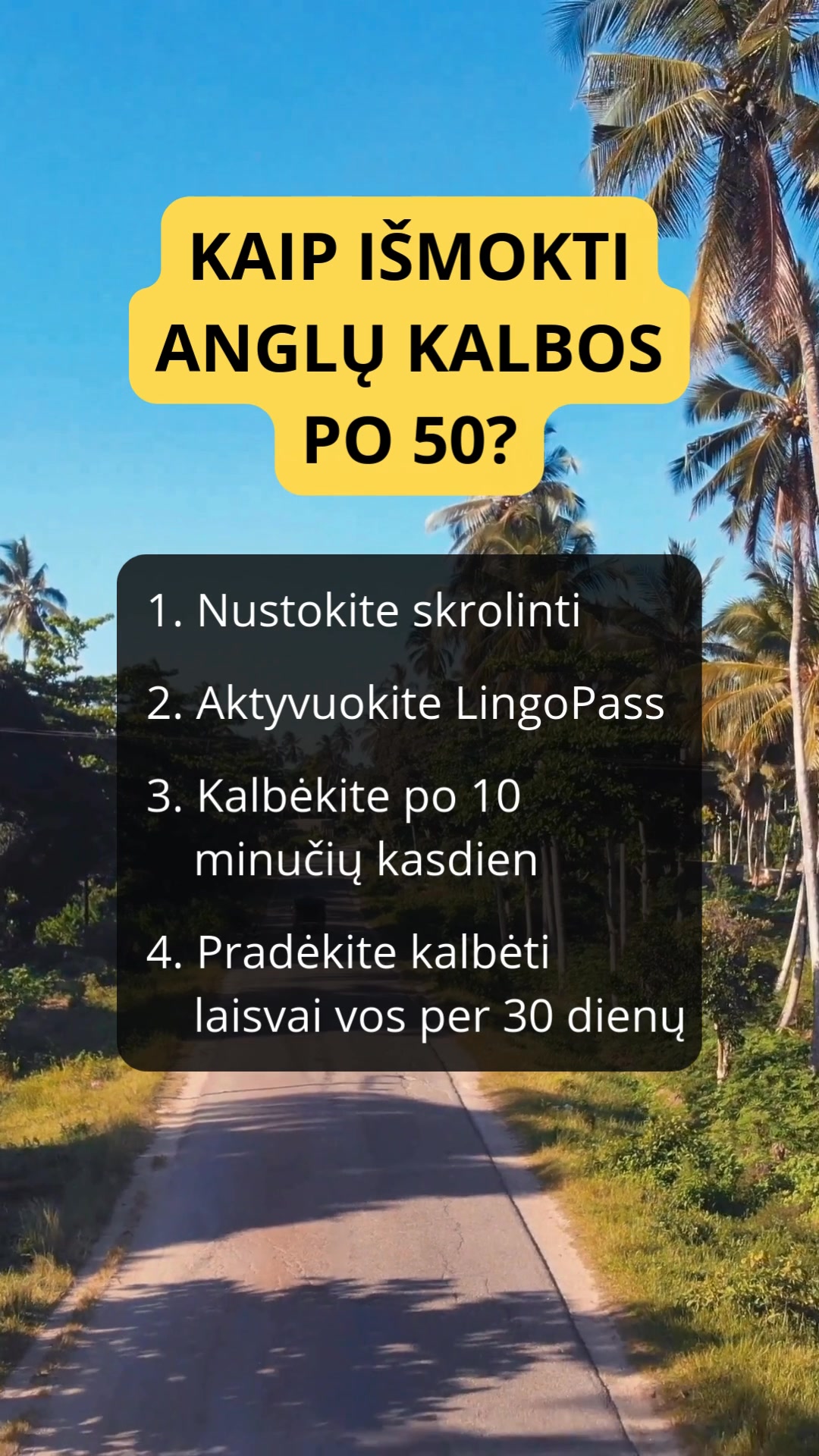 LingoPass Facebook ad: Anglų kalba suaugusiems per 30 dienų
