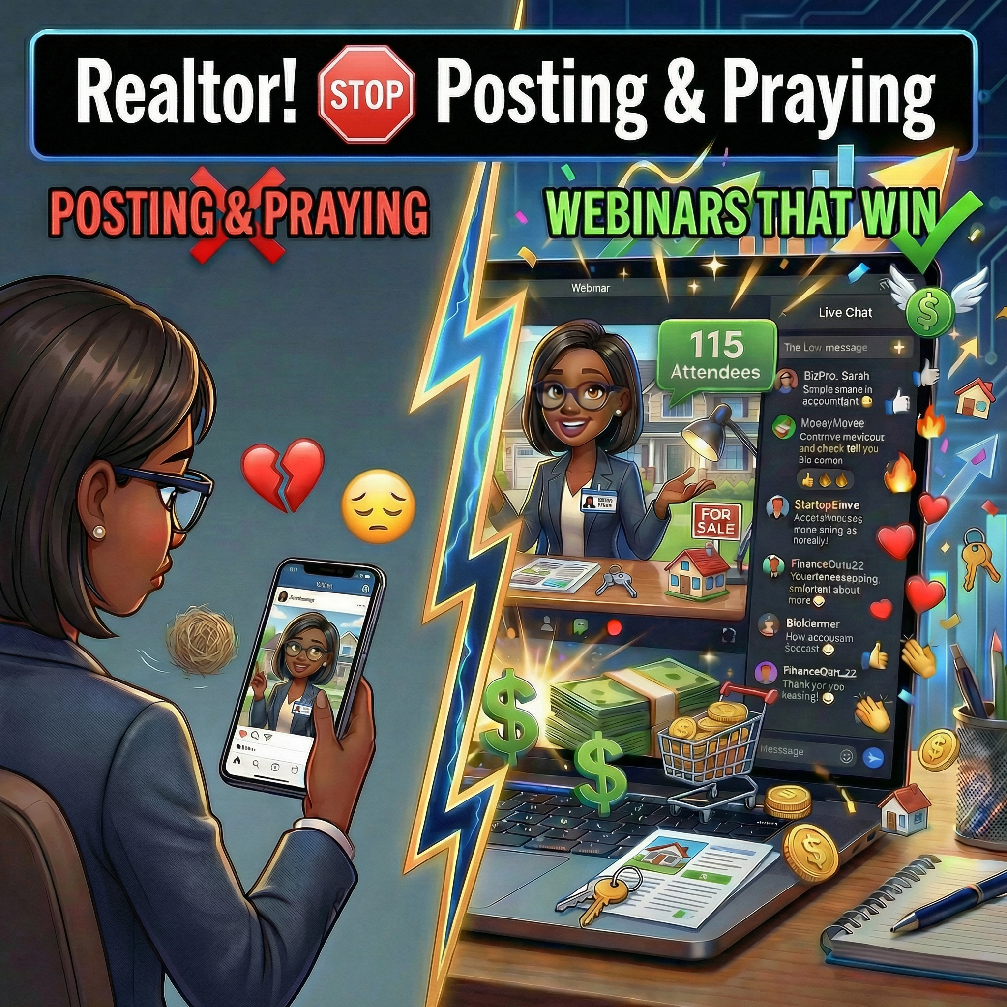 Jullien Gordon Facebook ad: Webinars For Realtors: STOP Posting & Praying For Clients