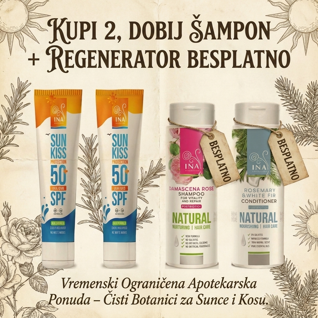 Prirodna i Organska Kozmetika - InaEssentials.hr Facebook ad: Kupi 2 SPF 50+ i šampon i balzam su gratis