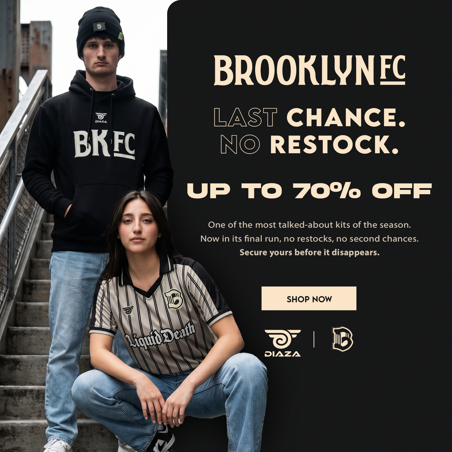 Diaza Sportswear Facebook ad: BROOKLYN FC FLASH SALE Up to 70% OFF