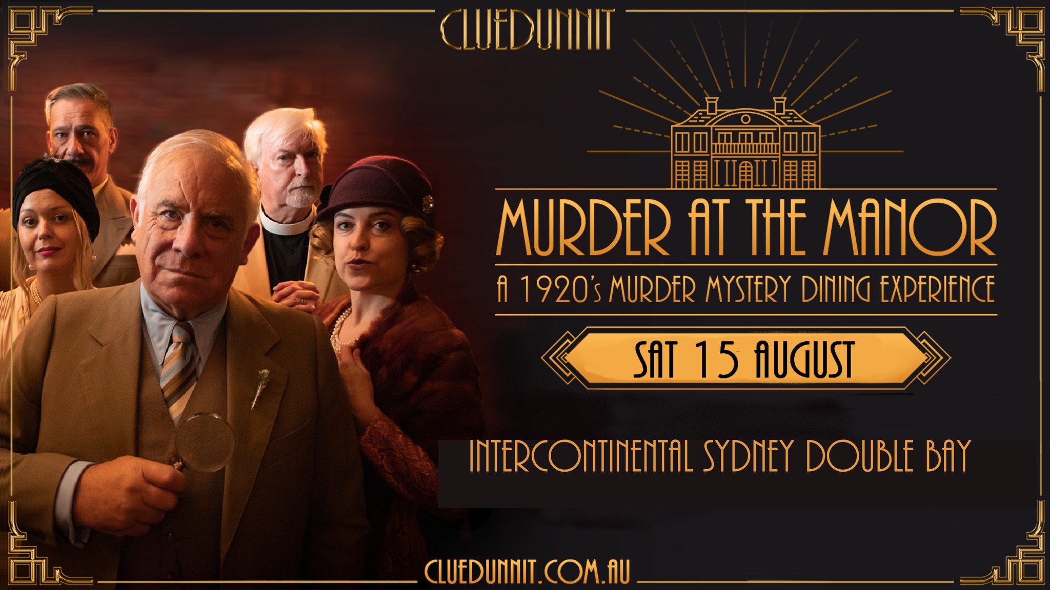 Cluedunnit Australia Facebook ad: Cluedunnit | MURDER AT THE MANOR | Murder Mystery Dinner |…