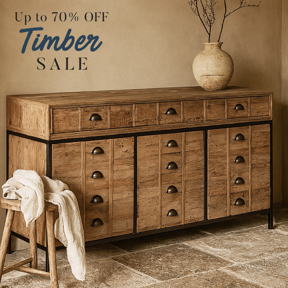 Dovetailed & Doublestitched Facebook ad: Up to 70% Off Timber Furniture!