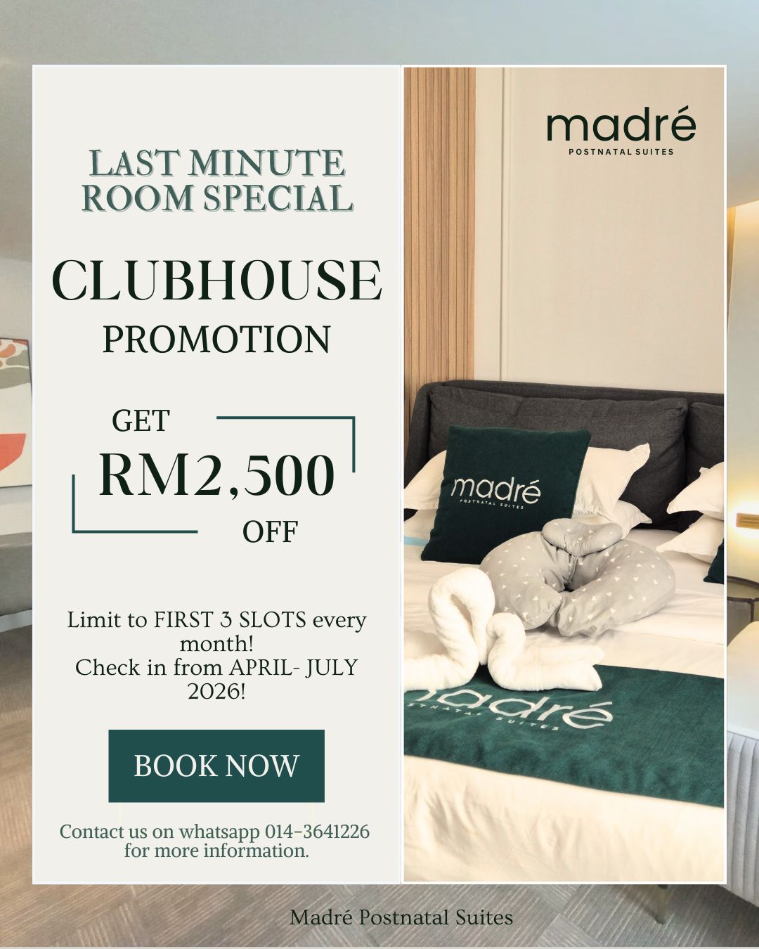 Madré Postnatal Suites Facebook ad: LAST MINUTE ROOM SPECIAL, LIMITED SLOTS!