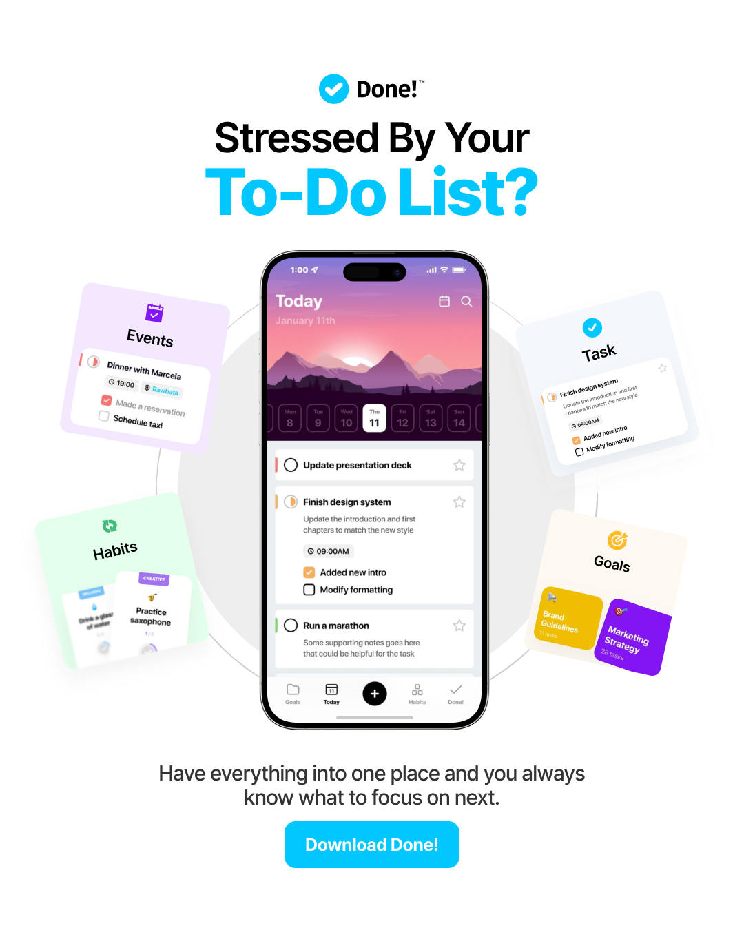 Done - Happy Productivity App Facebook ad: Your Brain Needs A Break
