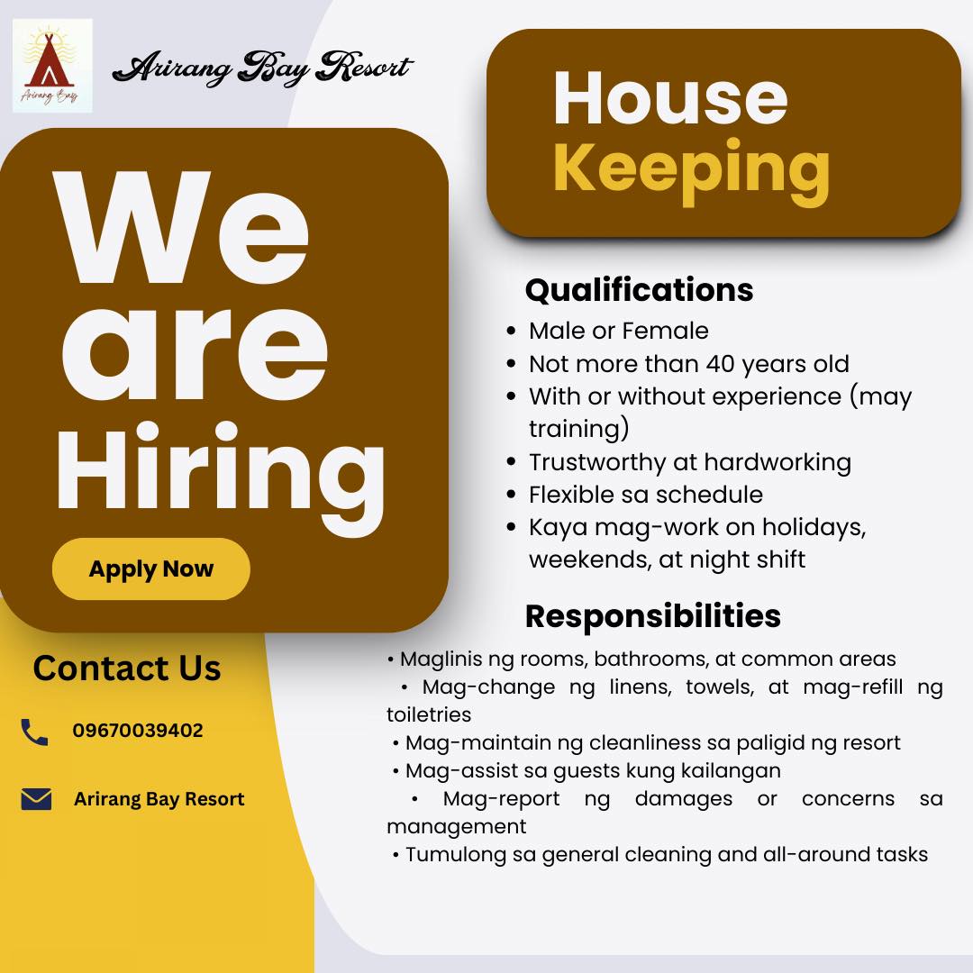 Arirang Bay Resort Facebook ad: We are hiring: HOUSEKEEPER