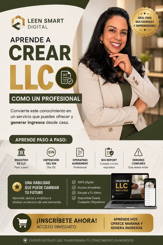 Leen Multiservices USA Facebook ad: Convierte el Conocimiento en Ingresos: Aprende a Crear LLC…