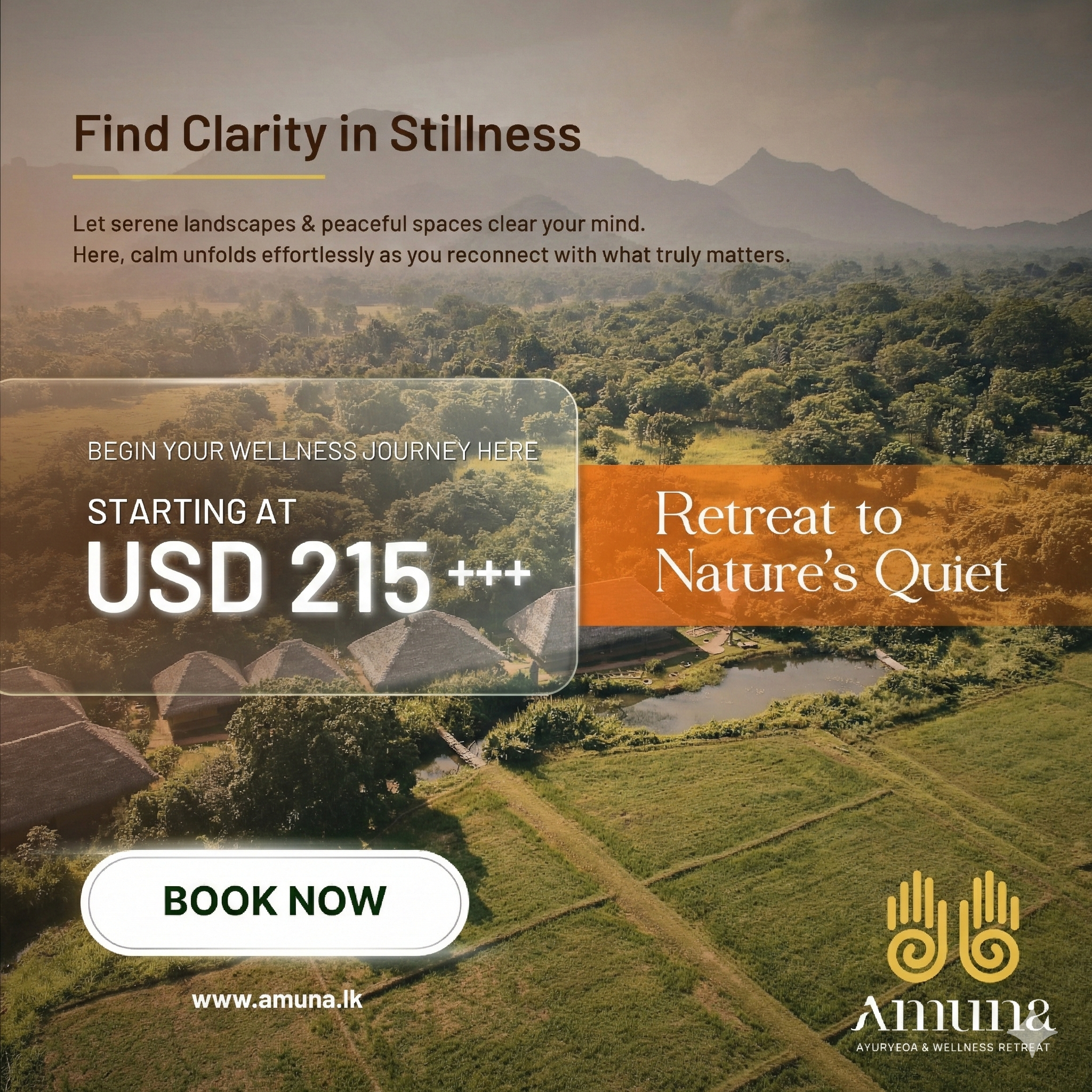 Amuna Ayurvedic and Wellness Retreat Facebook ad: Retreat to Nature’s Quiet
