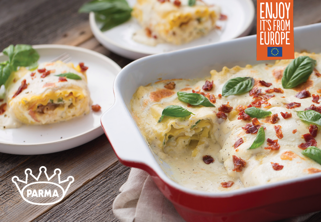 Distinctly Deliciously European Facebook ad: LASAGNA ROLL UPS WITH PROSCIUTTO DI PARMA EUROPEAN PDO