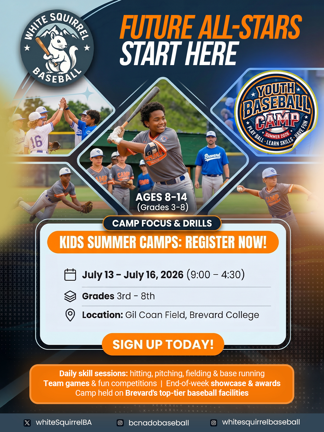 White Squirrel Baseball Academy Facebook ad: Youth Baseball Camps Open Now