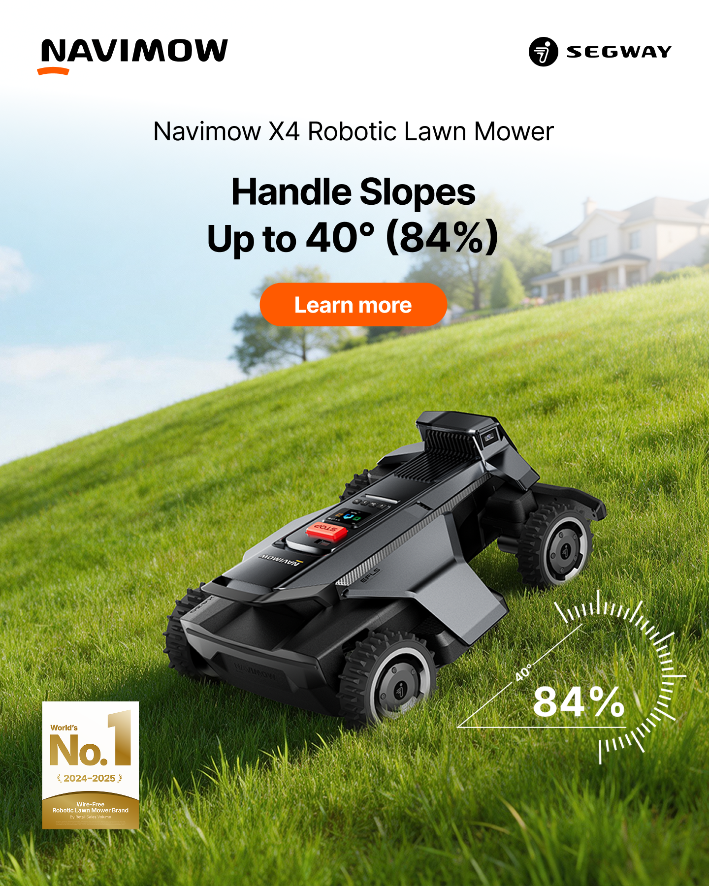 Segway Navimow Facebook ad: Smart mowing, safe home.