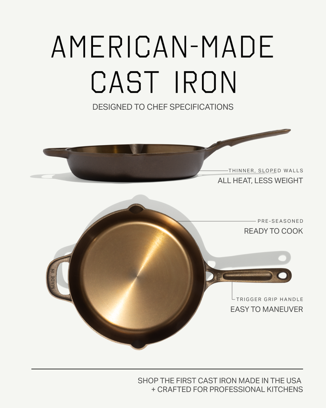 Made In Cookware Facebook ad: Cast Iron Made In The USA To Chef Spec