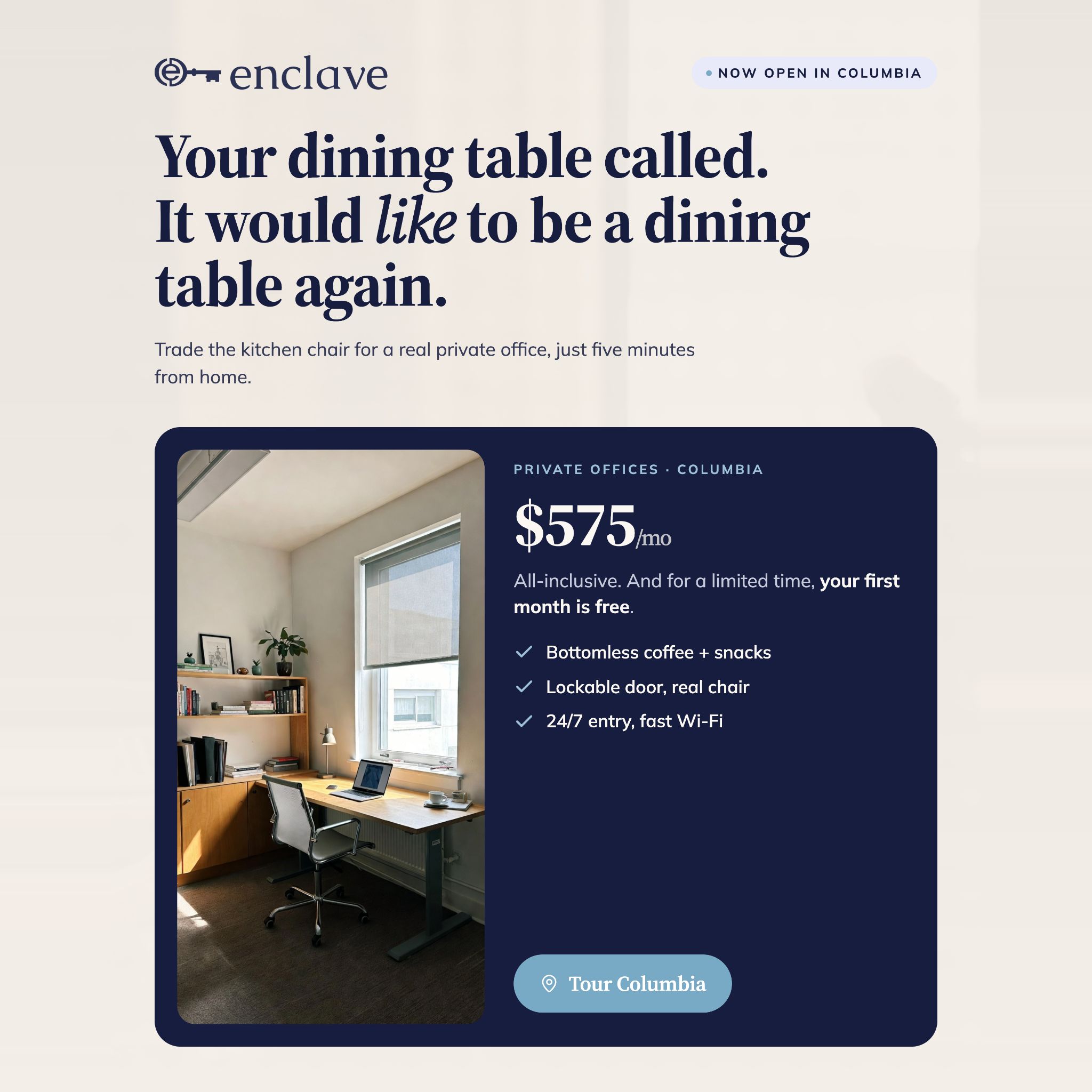 Enclave Coworking Facebook ad from May 19, 2026