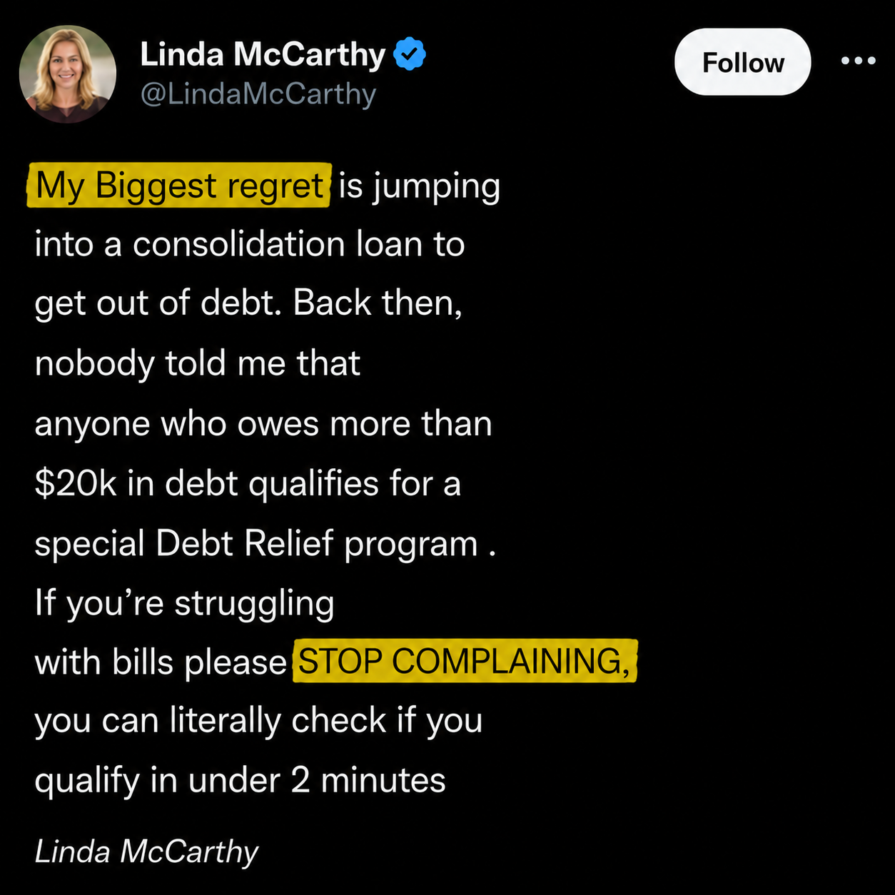 Linda McCarthy Facebook ad