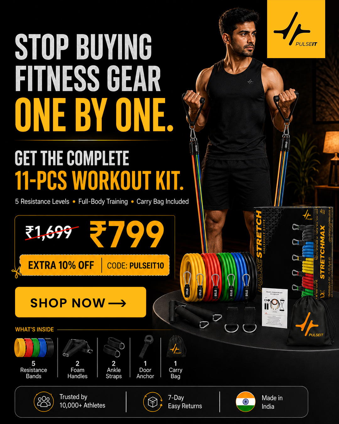 Pulseitfitness Facebook ad: Complete 11-Pcs Workout Kit, ₹799