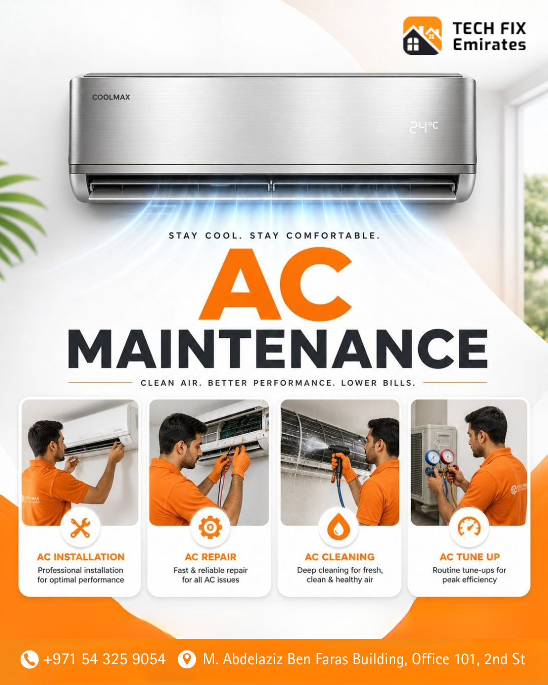 Techfix Emairtes Facebook ad: AC Not Cooling? We're One Message Away!