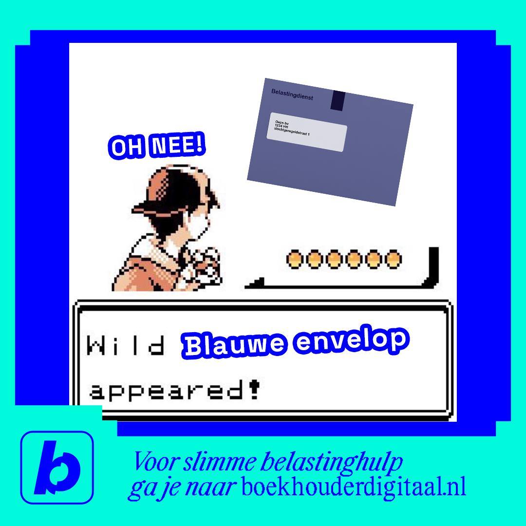 Boekhouder Digitaal Facebook ad: Oh nee! Wild Blauwe Envelop gebruikt 'Onverwachte Aanslag'.