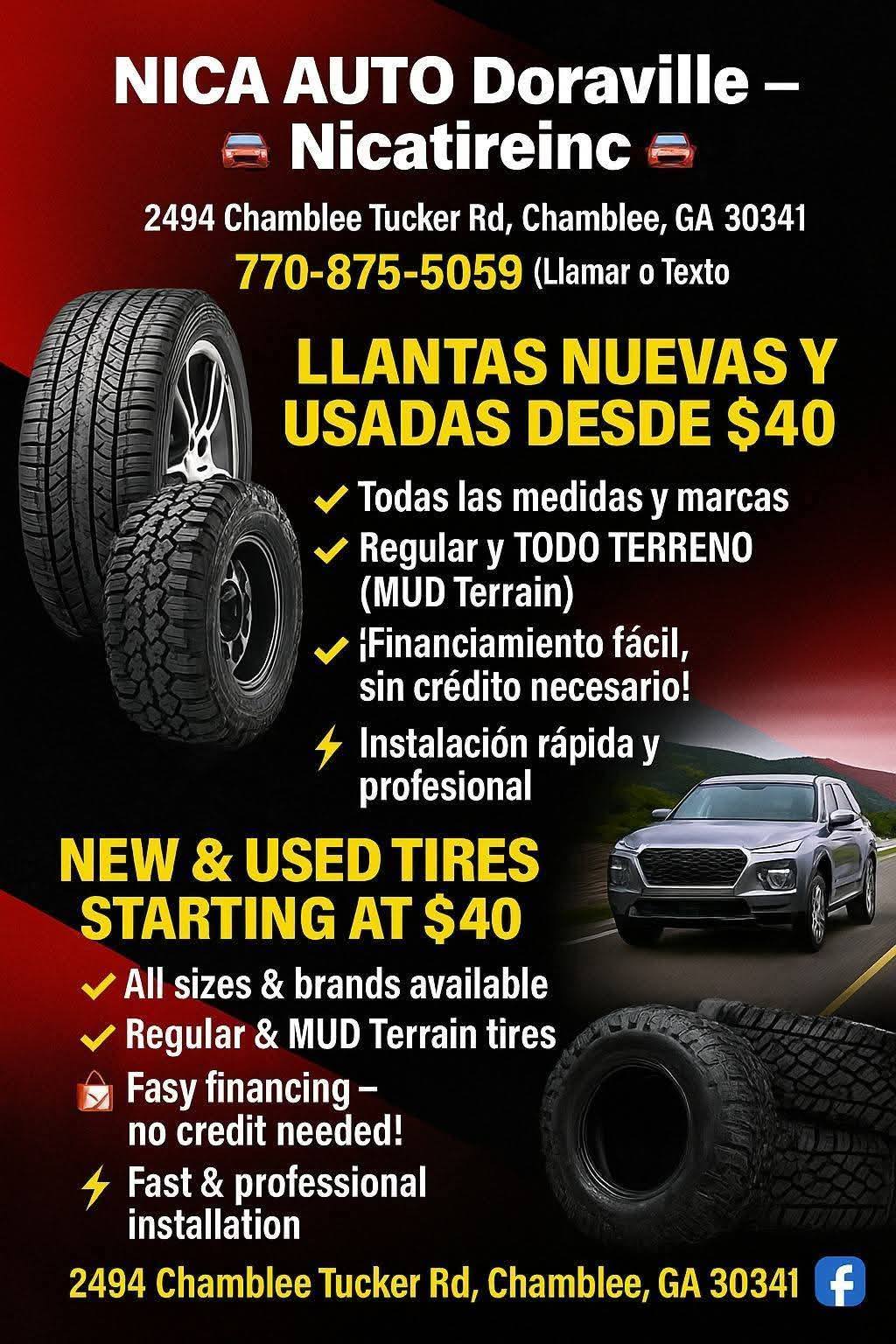 NICA AUTO Doraville Facebook ad: FACILIDAD DE PAGO FINANCIAMOS LLANTAS