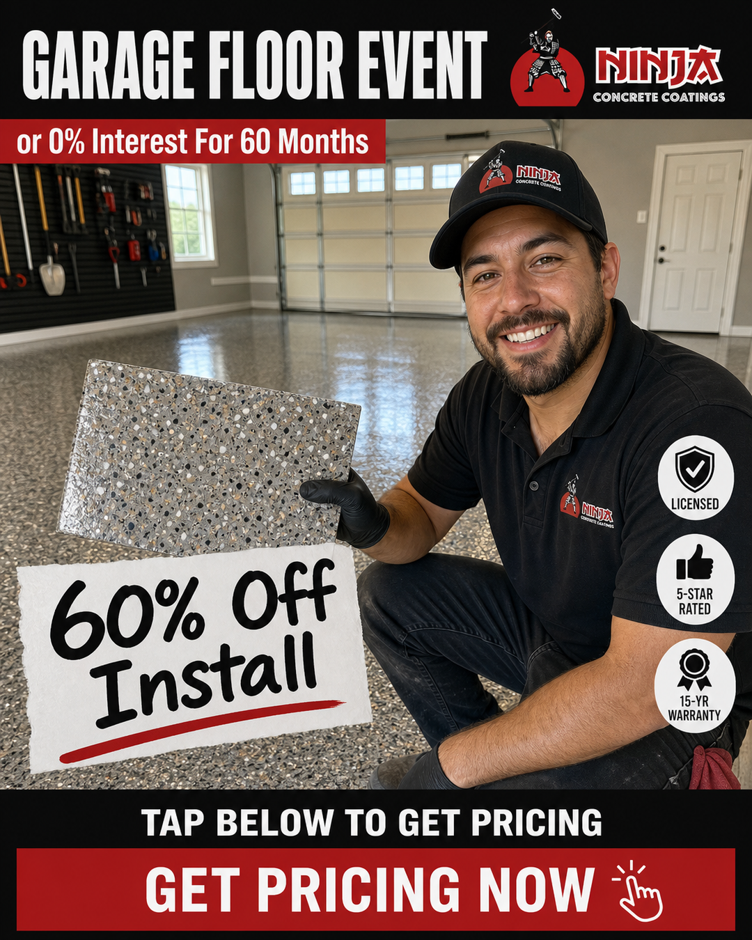 Ninja Coatings Facebook ad: 60% OFF Install On Concrete Coatings