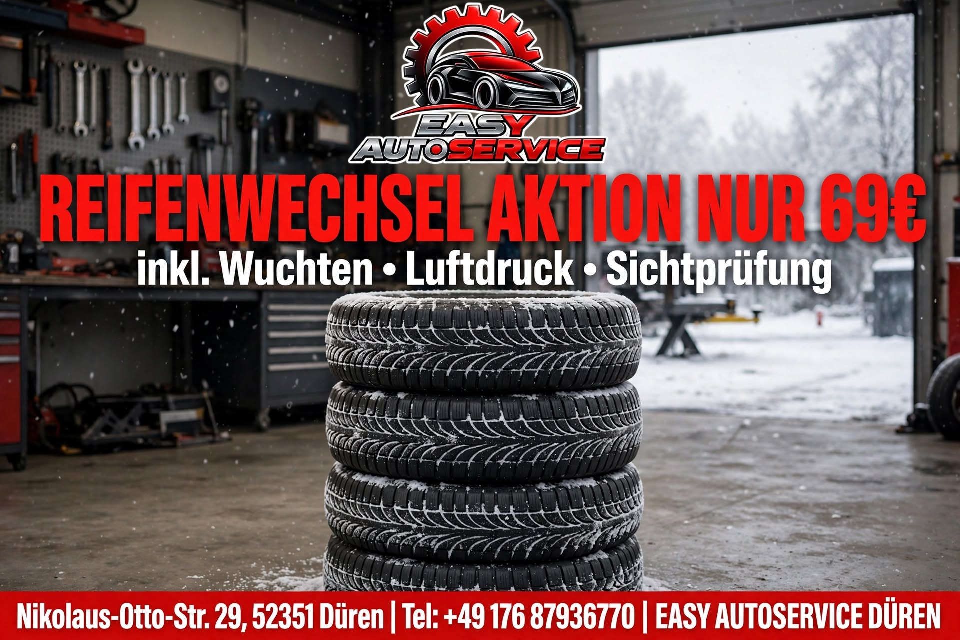 Easy Autoservice Düren Facebook ad: REIFENWECHSEL AKTION - NUR 69€!