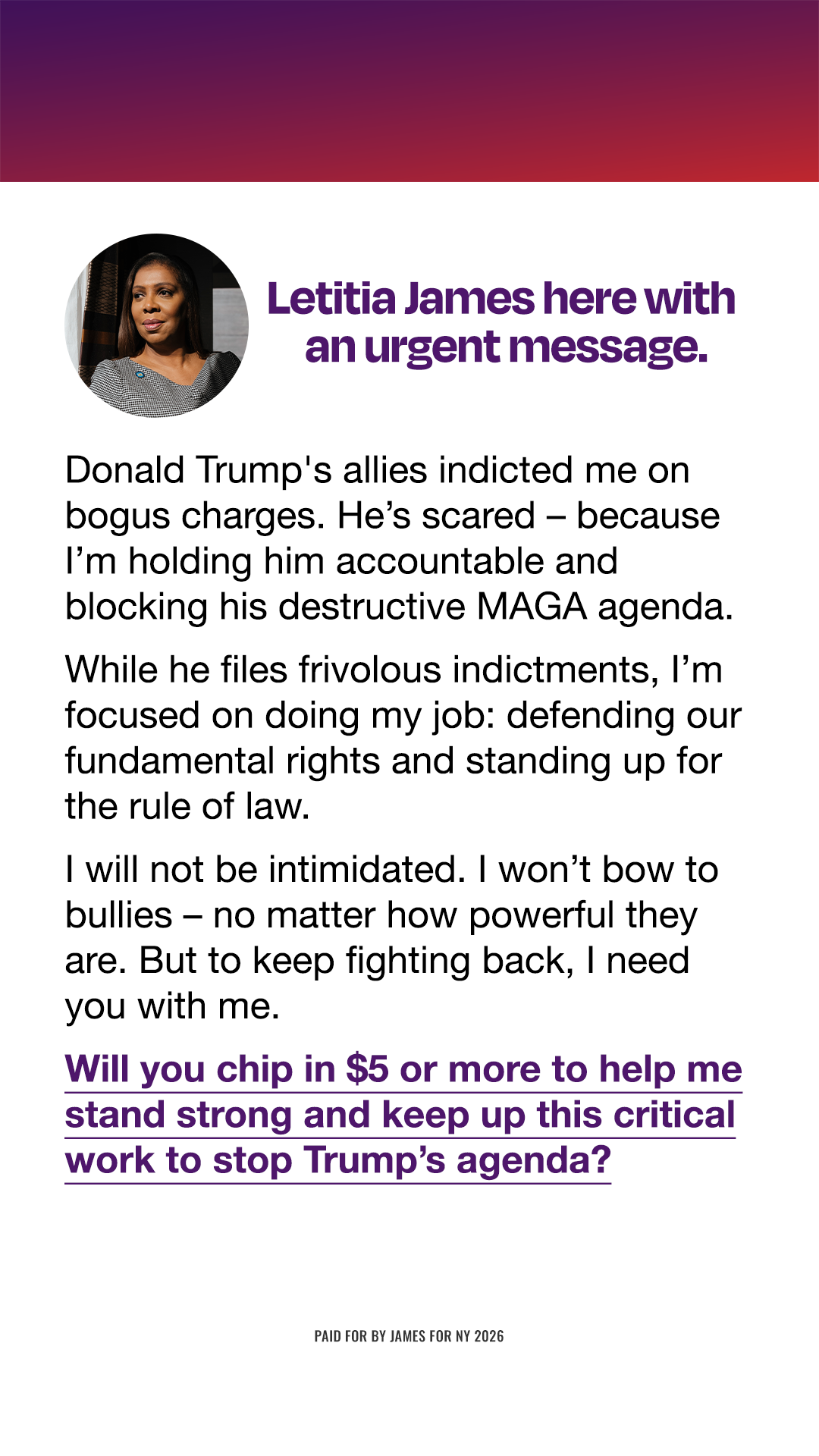 Letitia James Facebook ad from Nov 19, 2025