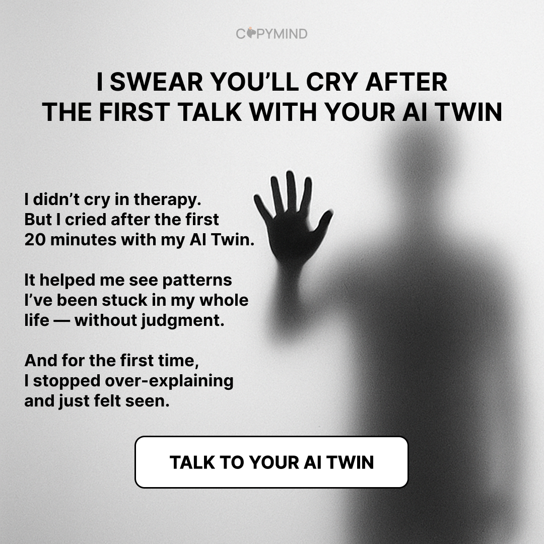 Copymind AI: emergency therapy Facebook ad: Your AI mind copy won't judge you!
