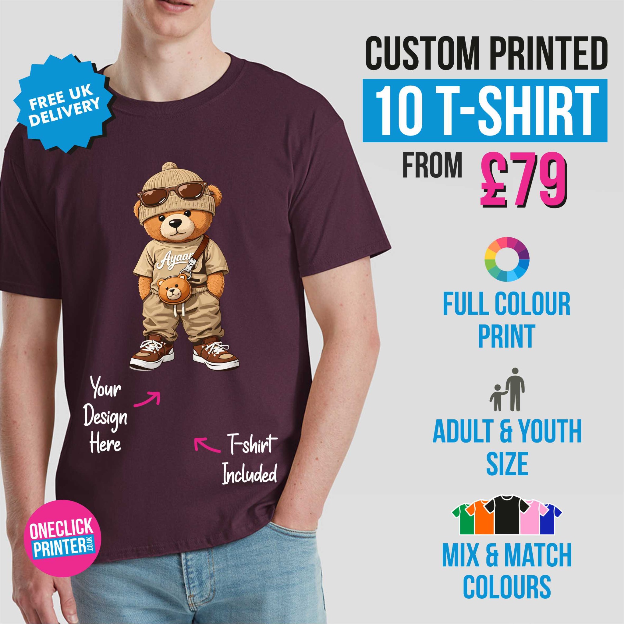 One Click Printer Facebook ad: 10 Custom Printed T-Shirts, £79