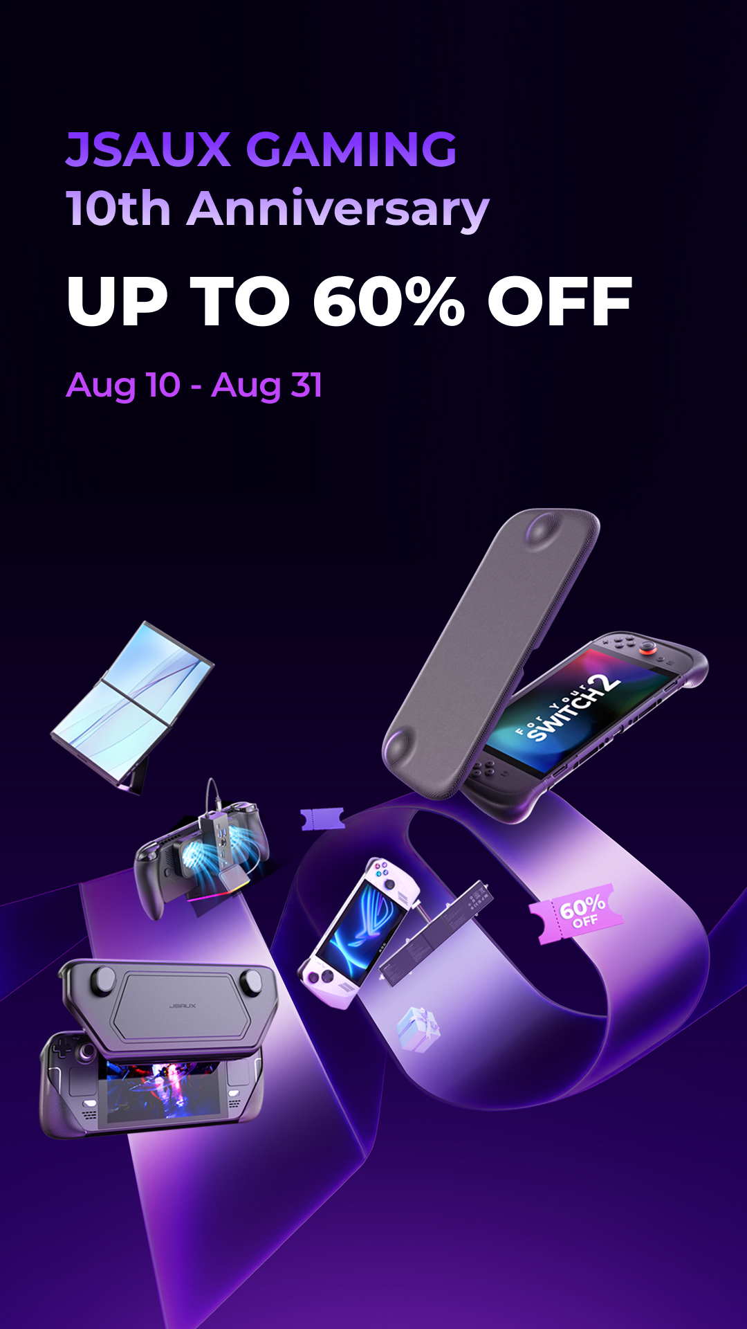 JSAUX Facebook ad: JSAUX 10th Anniversary Sale: Up To 60% Off!
