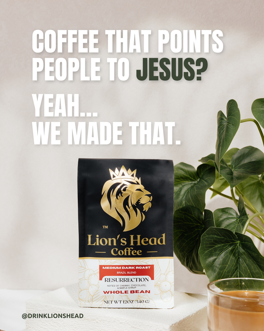 Lion's Head Coffee Facebook ad: Every bag supports Gospel work.
