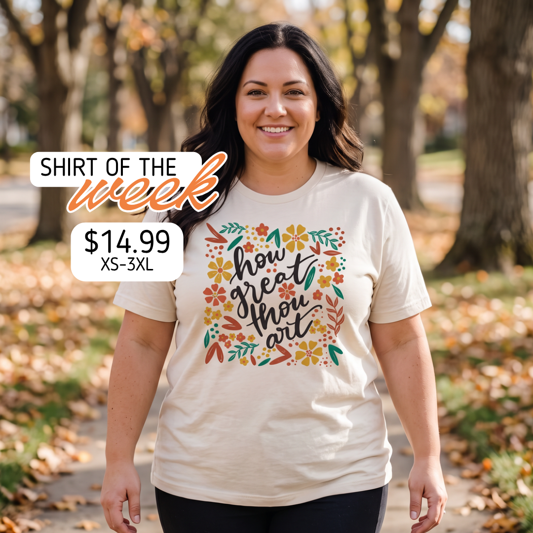EllyandGrace Facebook ad: How Great Thou Art Tee is $14.99 - this week only!