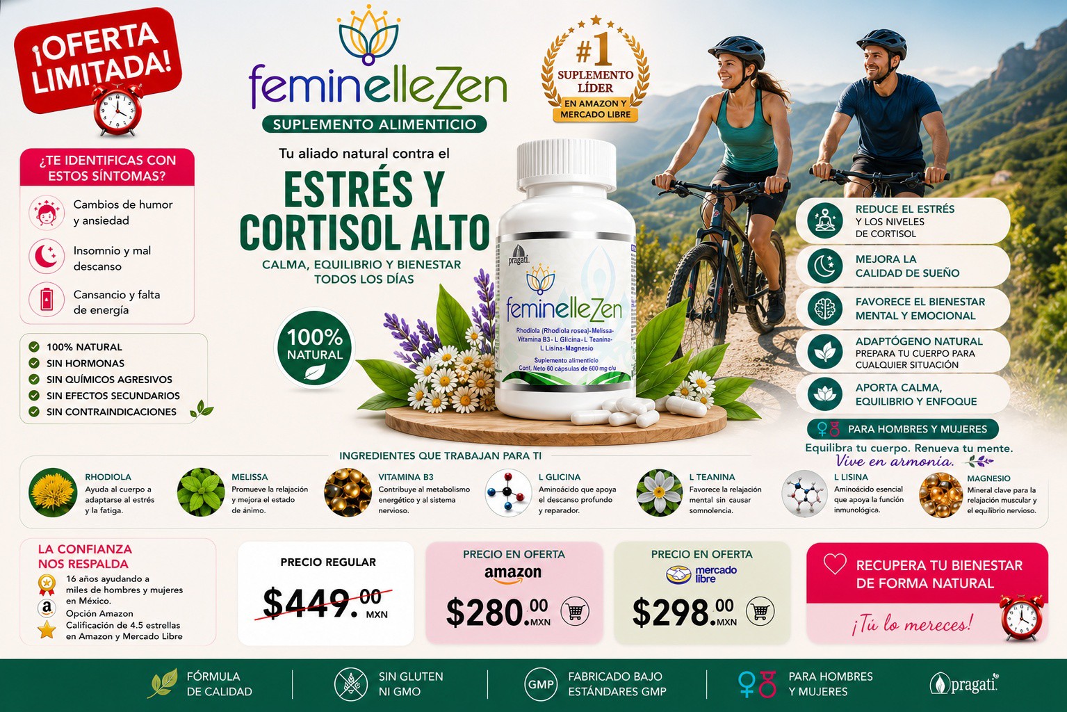 Feminelle Facebook ad: Feminelle Zen Pragati: Suplemento con L-Teanina y Rhodiola…