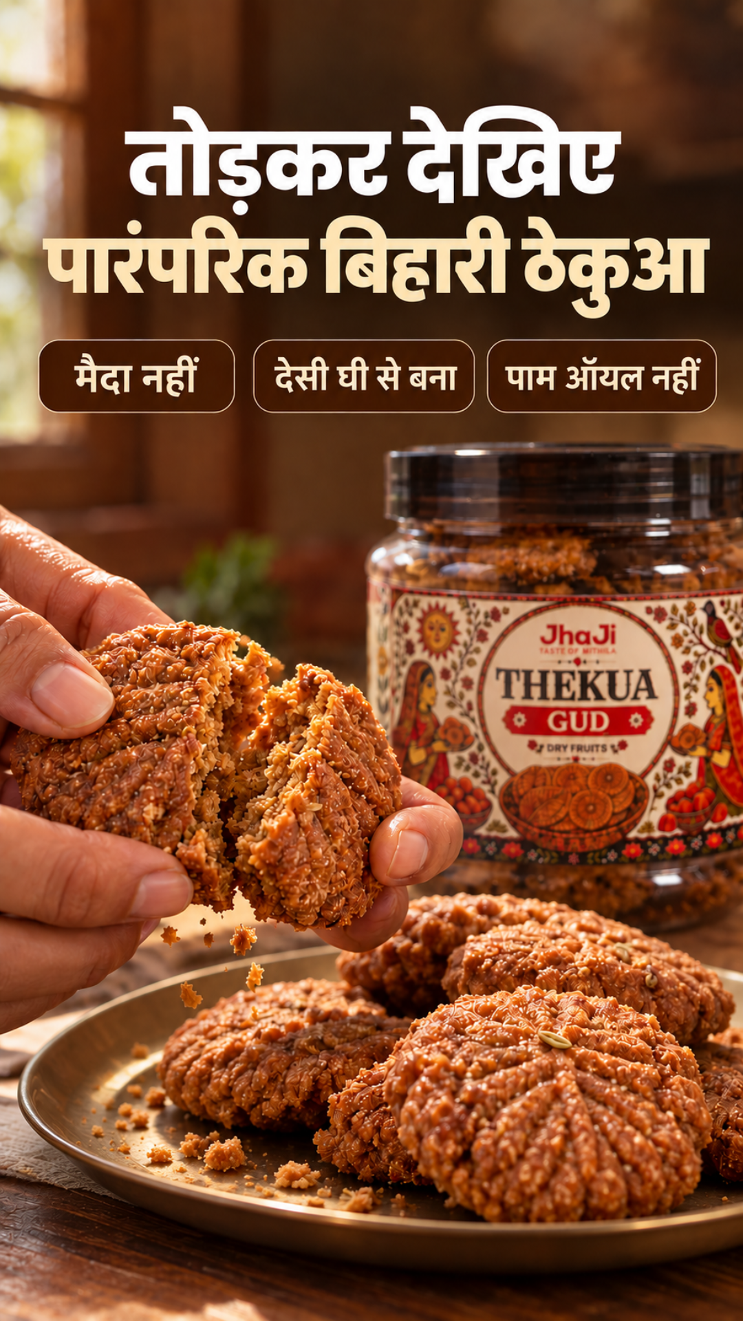 JhaJi Store Facebook ad: तोड़कर देखिए, घर जैसा ठेकुआ